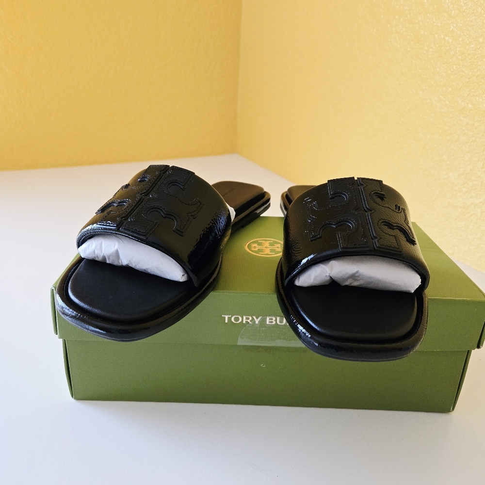 Tory Burch “Double T Sport Slide Sandals” Patent Leather (Perfect Black) Size 10 - Picture 3 of 13